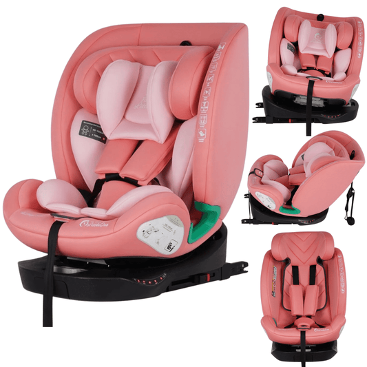 Blush rose all-in-one car seat set with infant insert, padded harness and ISOFIX base