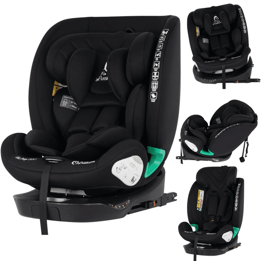 Midnight black ISOFIX car seat with padded harness and green side adjustment handle