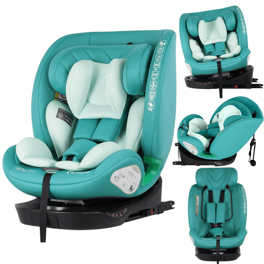 Sage teal and white infant car seat with padded headrest and harness straps