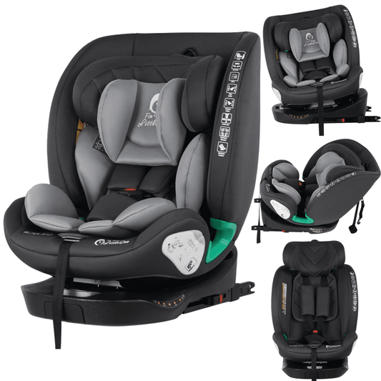 All-in-one ISOFIX car seat in dark gray with light gray headrest and green base accents