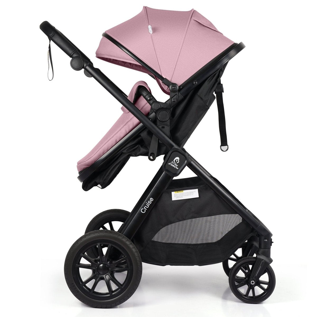 Blush rose stroller seat with black frame and adjustable canopy, front view