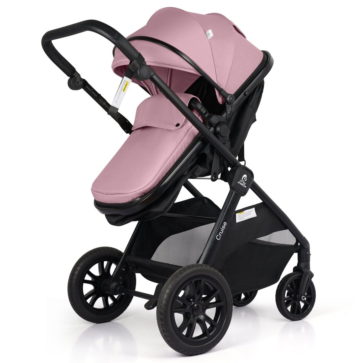 Blush rose stroller seat pad and canopy on black wheels, angled side view