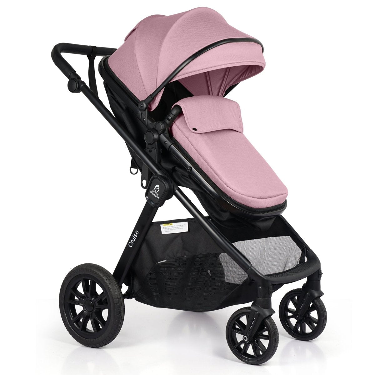 Blush rose stroller seat with black frame and wheels, angled front view
