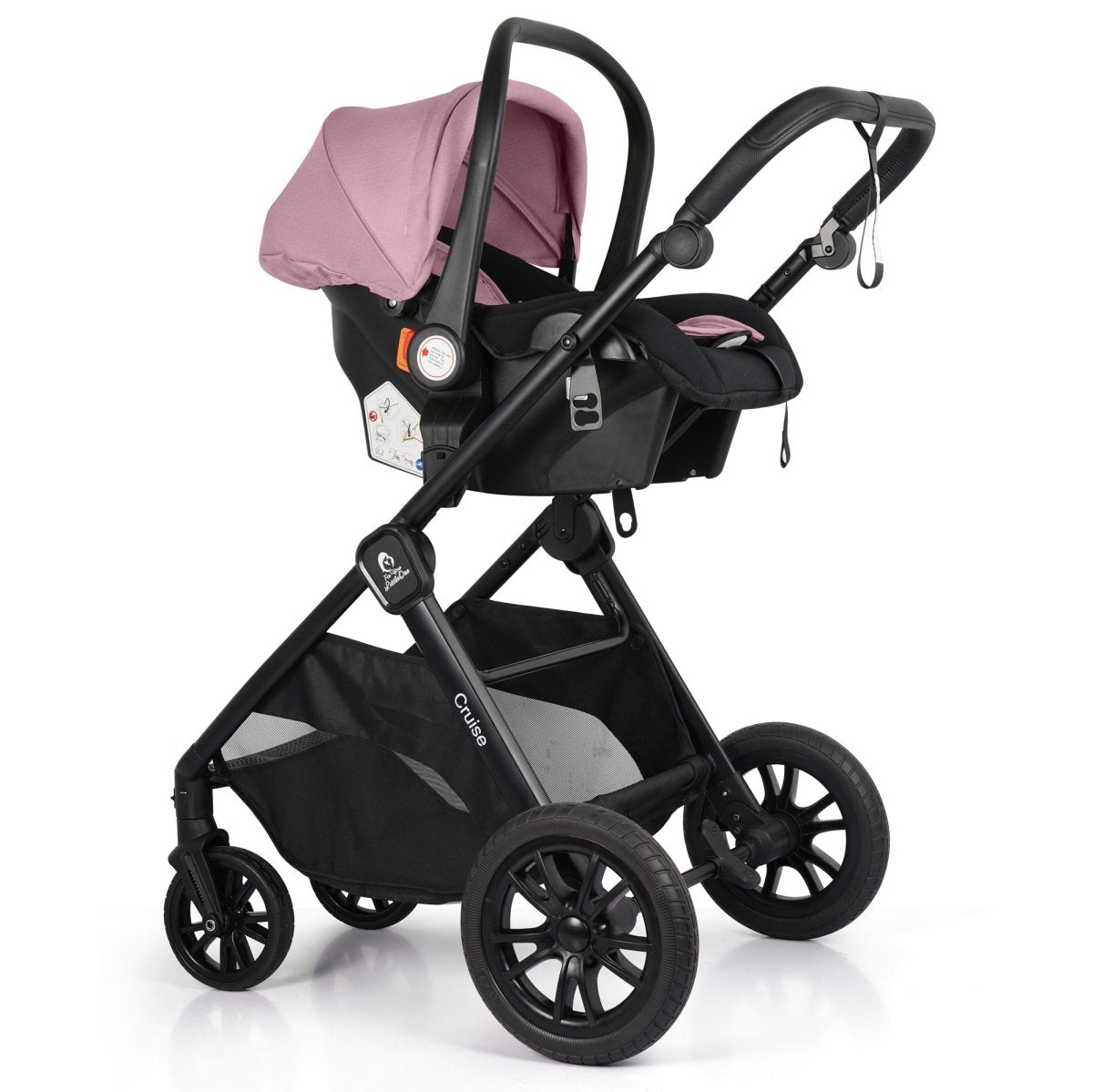 Blush rose stroller with attached infant car seat, black frame, and canopy