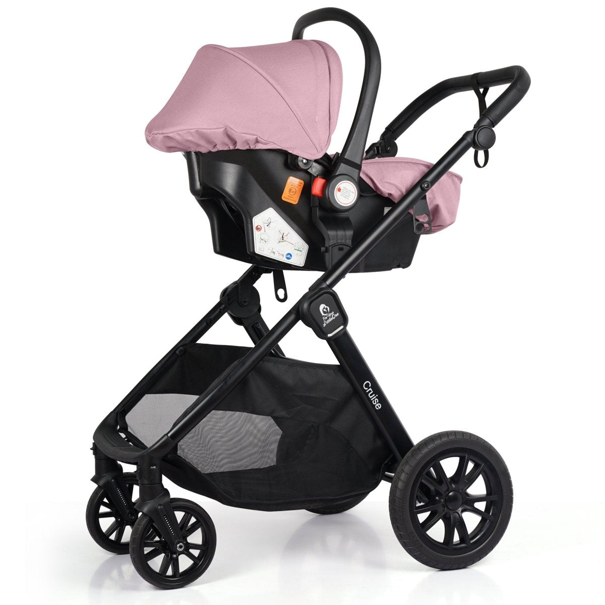Blush rose and black stroller with foldable canopy and front wheel assembly