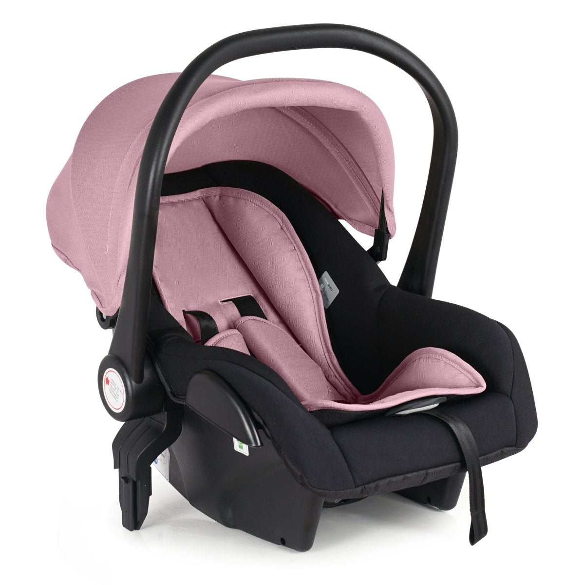 Blush rose and black infant car seat with padded insert and side handle