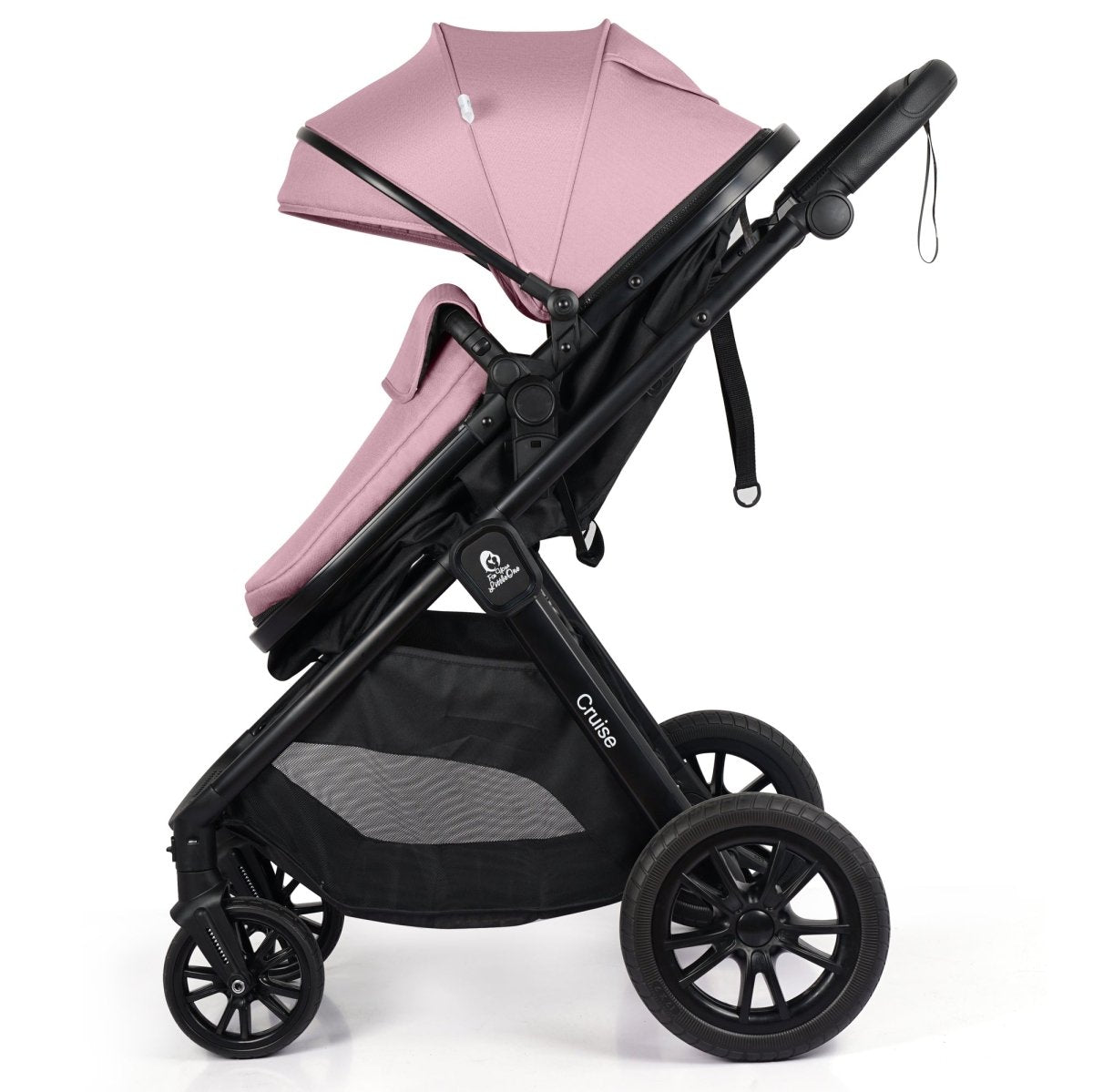 Blush rose and black stroller with multi-position canopy and large front wheels