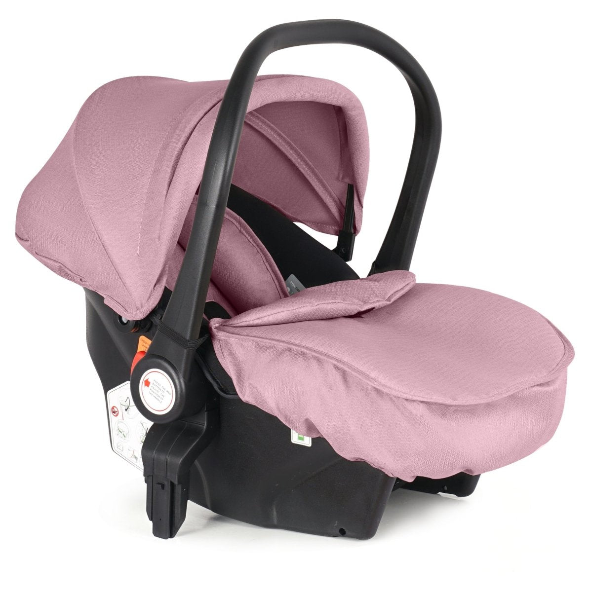 Blush rose infant car seat with black base and handle, side view