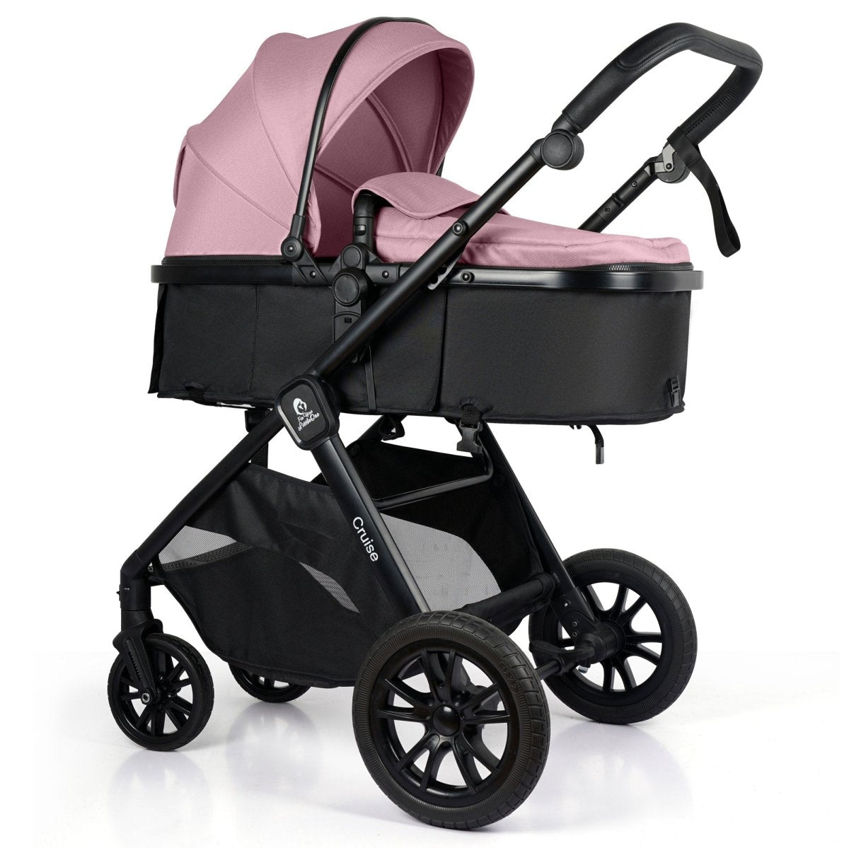 Blush rose stroller seat with black frame, canopy, and front wheels, side view
