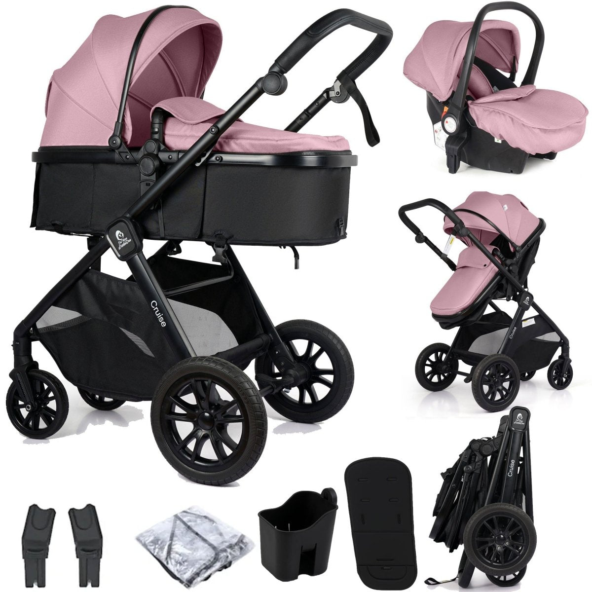 3-in-1 travel stroller with blush rose seat, black frame, and included car seat