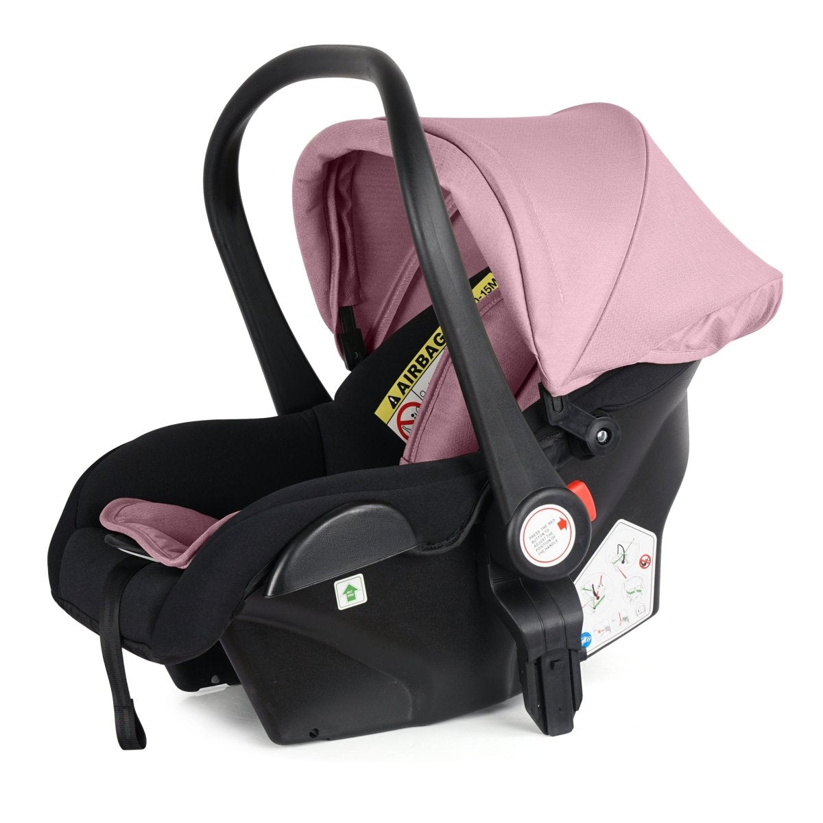 Blush rose and black infant car seat with base and side carrying handle