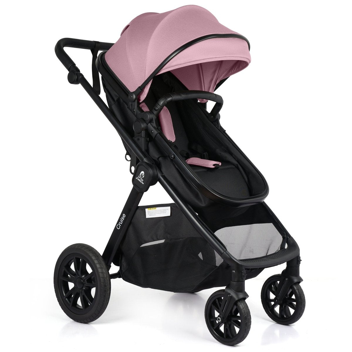 Blush rose stroller seat with black frame, canopy, and front swivel wheels