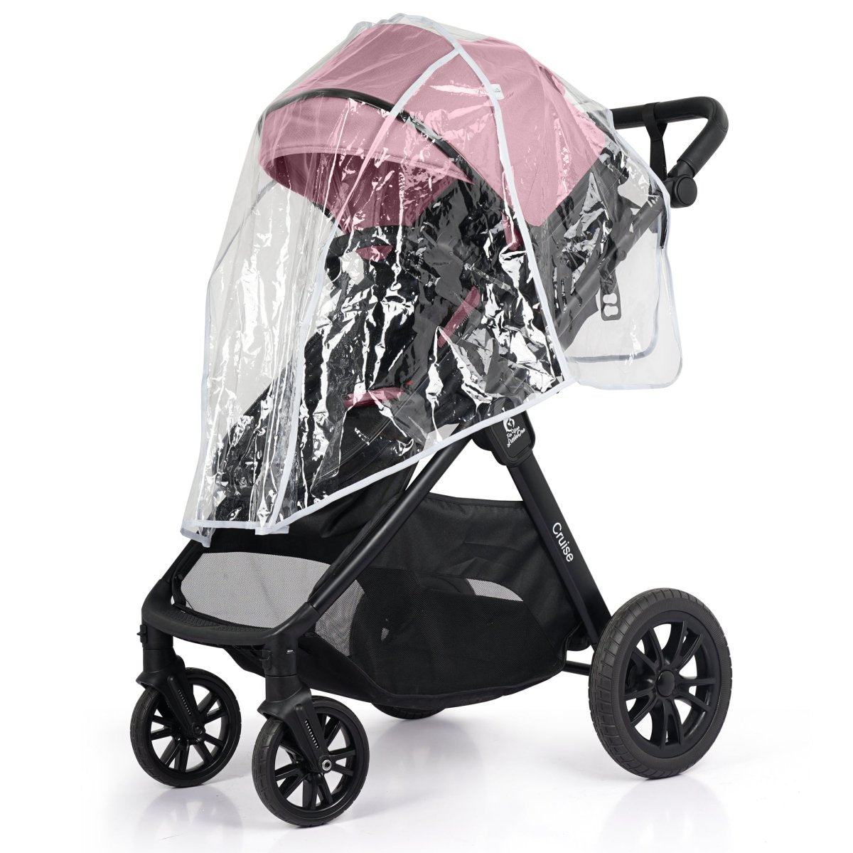 Blush rose stroller with clear rain cover over seat and black wheels