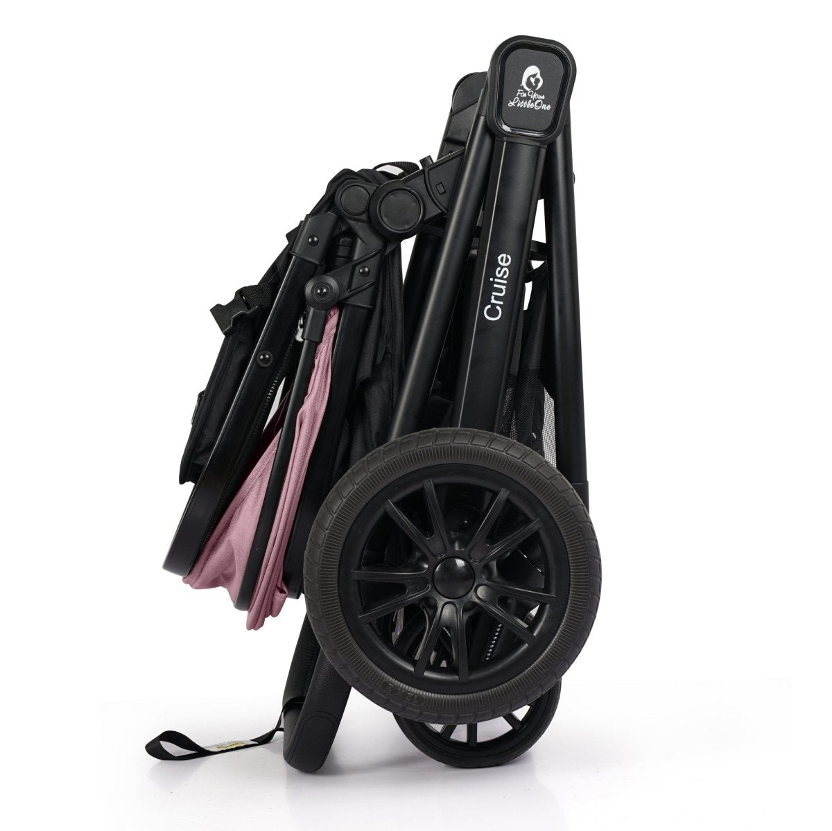 Black stroller frame with blush rose seat cover, upright rear view