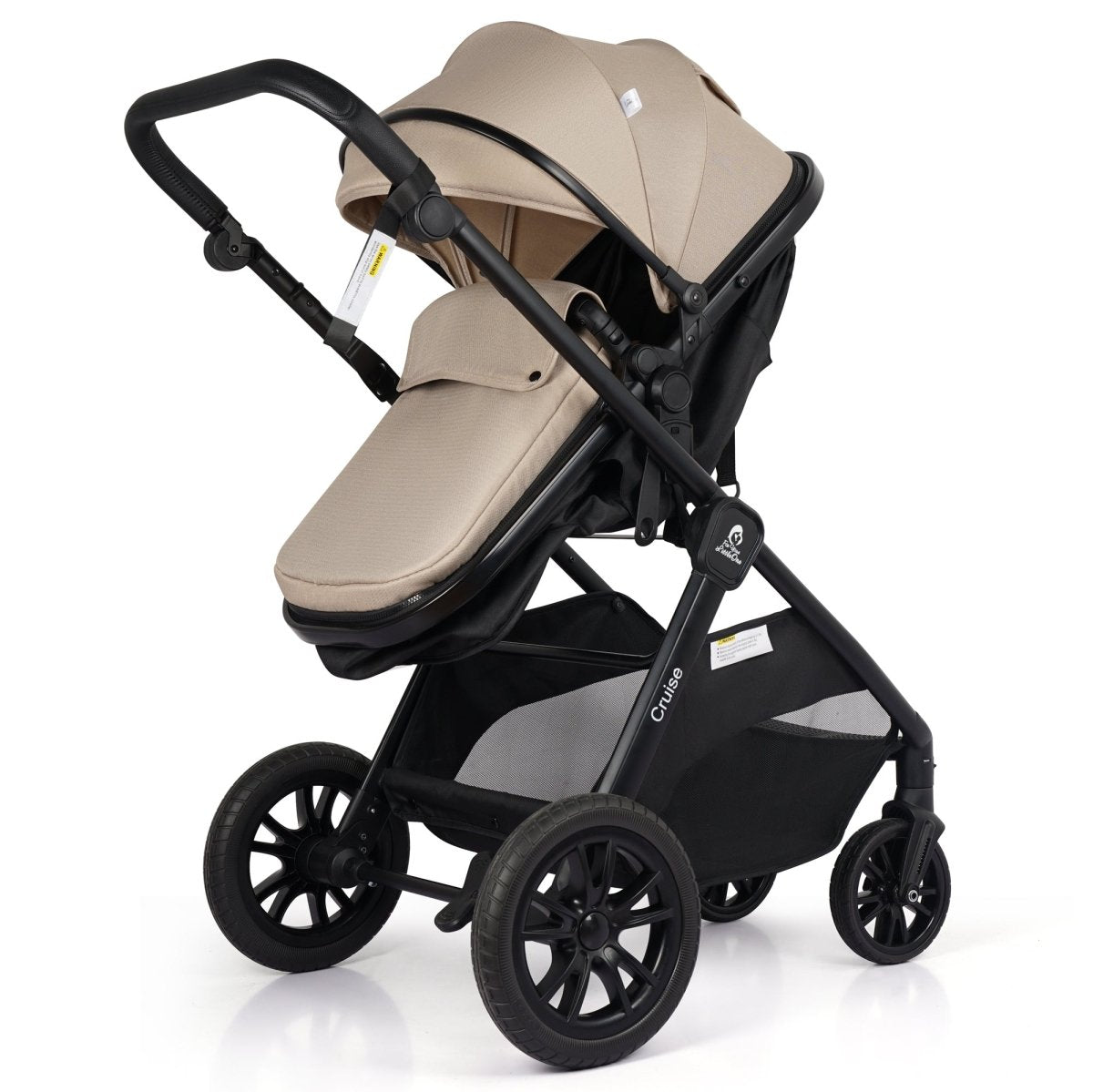 Stroller seat with beige canopy, padded insert, and black frame