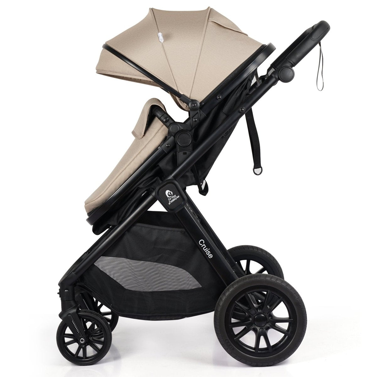 Stroller with beige canopy and black seat, front-wheel angled view