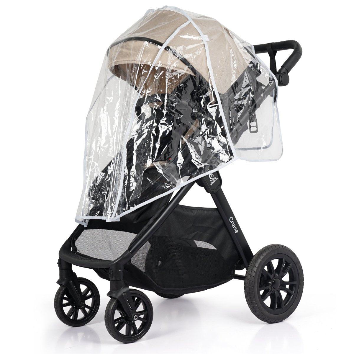 Black stroller with beige seat and clear rain cover over the canopy