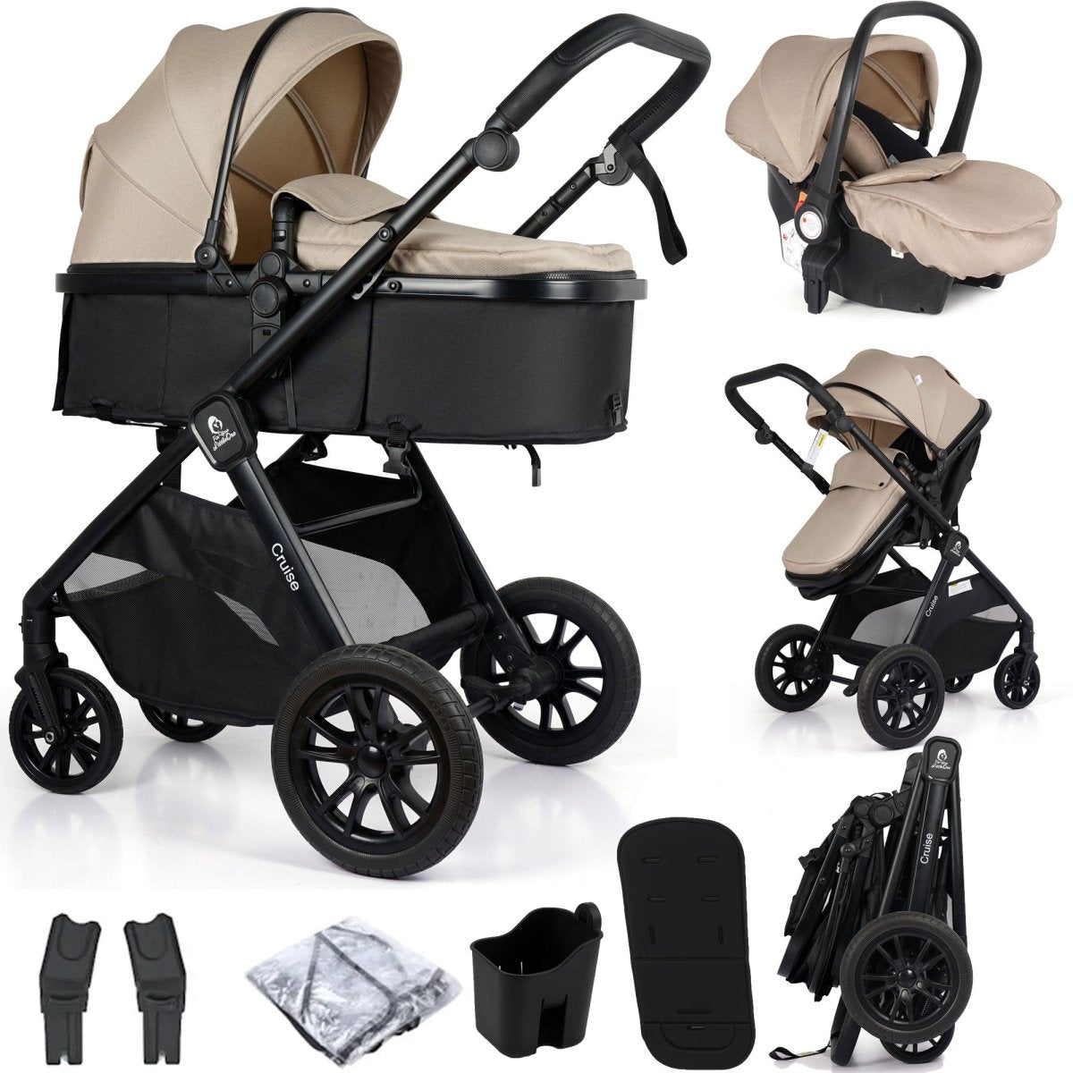 3-in-1 travel system stroller with beige bassinet, black chassis, and car seat