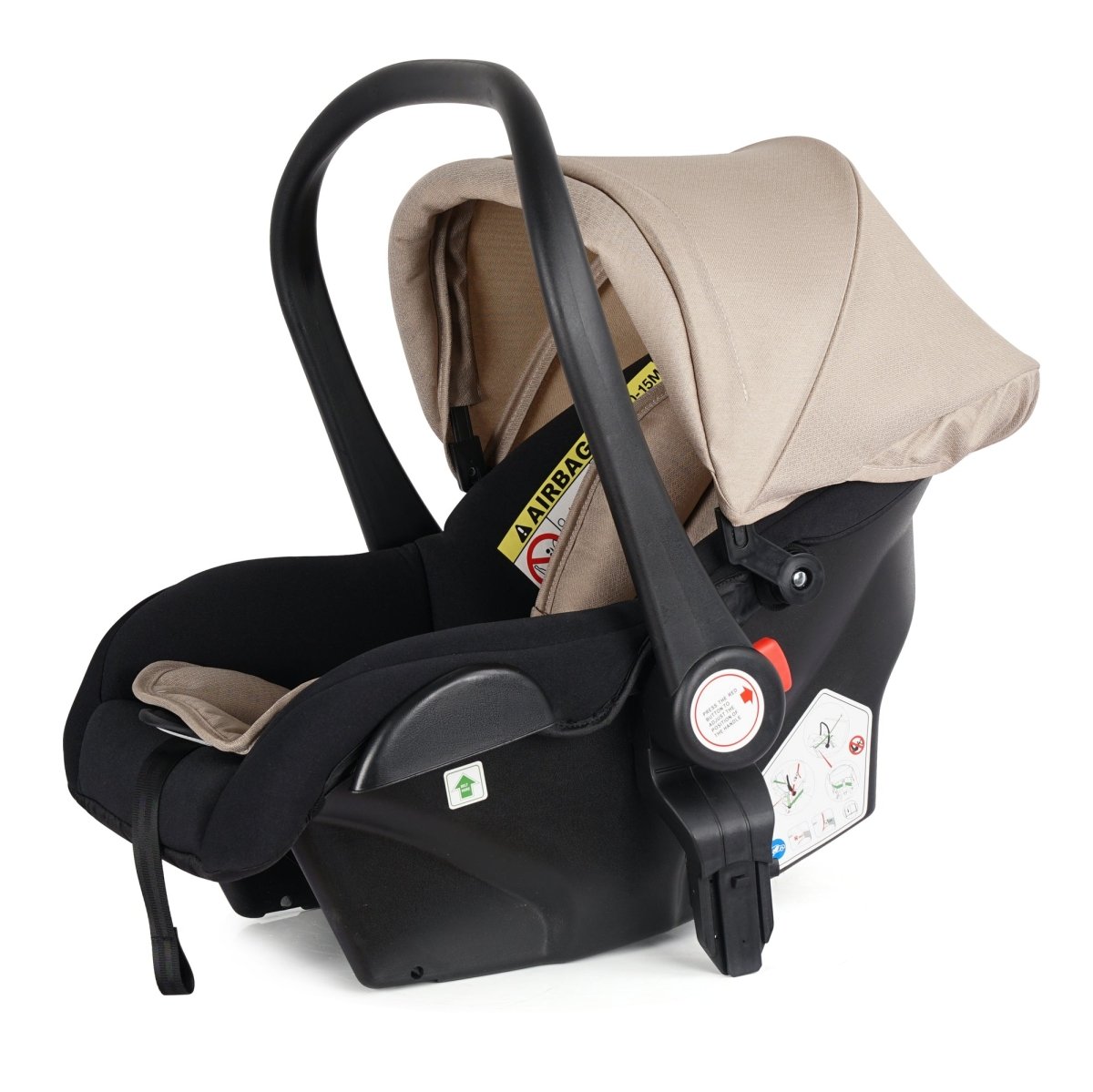 Beige infant car seat with black base, harness, and integrated handle