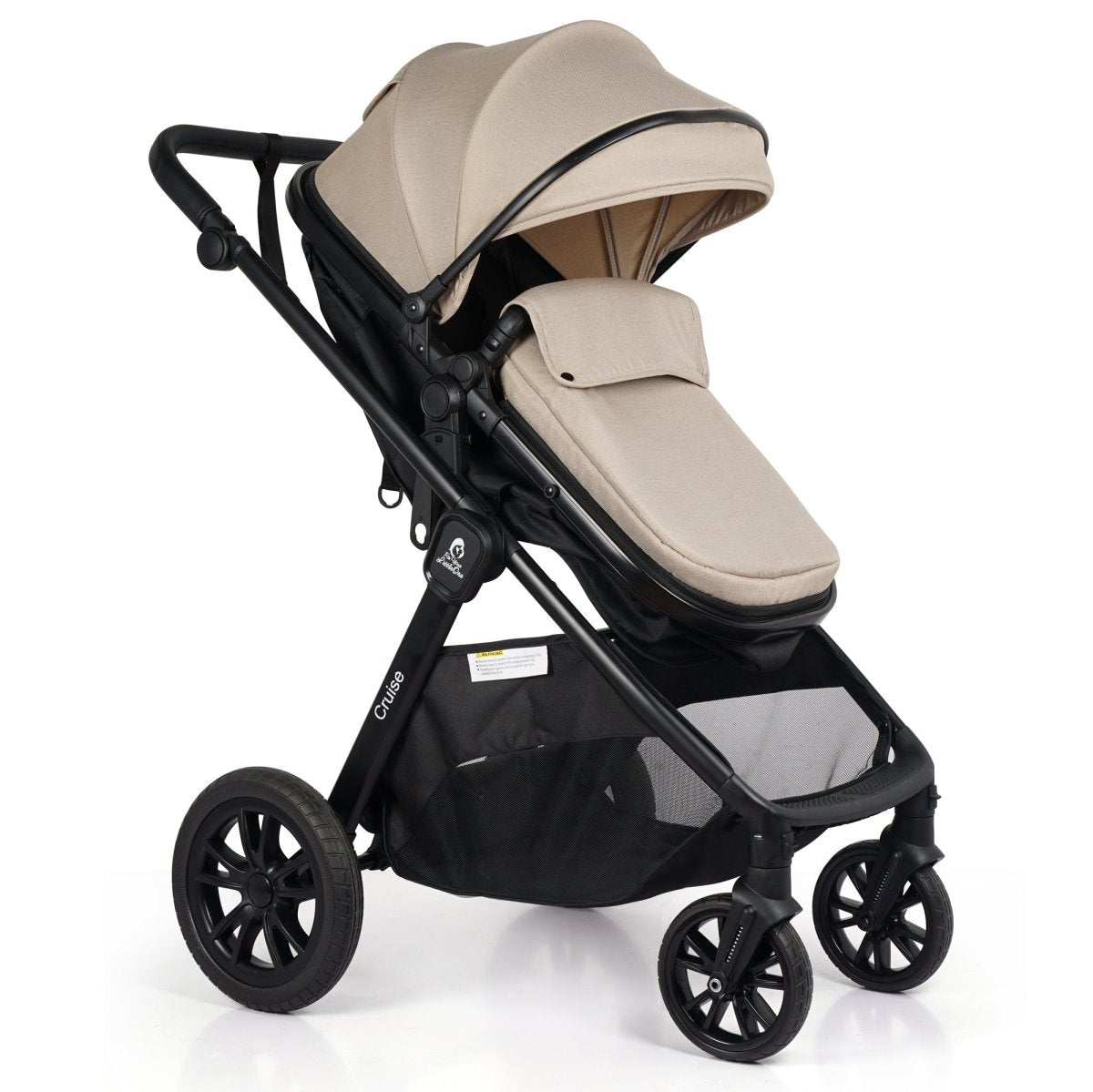 Travel stroller with beige seat pad and black frame, close side view