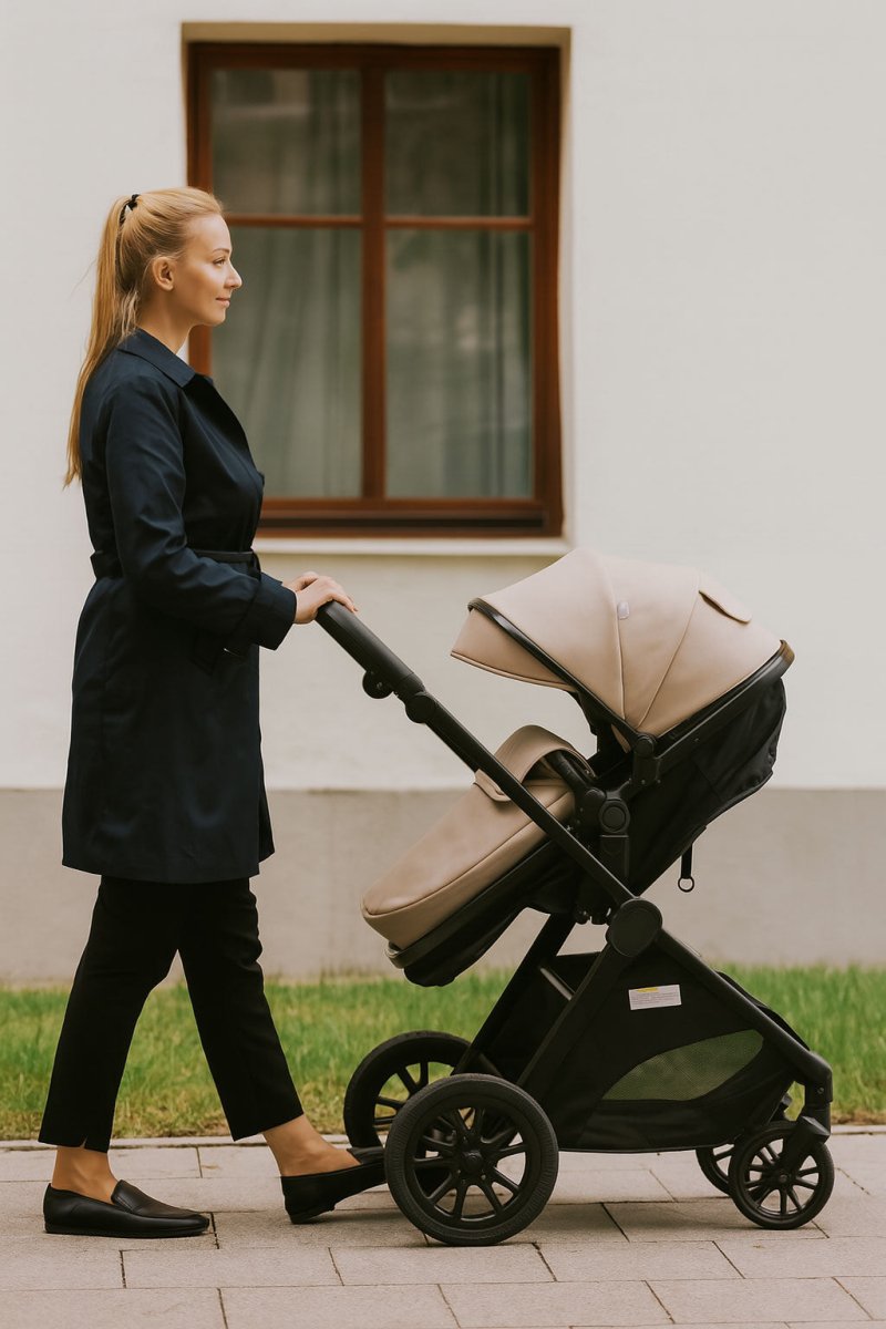 Stroller travel system with beige bassinet and black wheels, being pushed