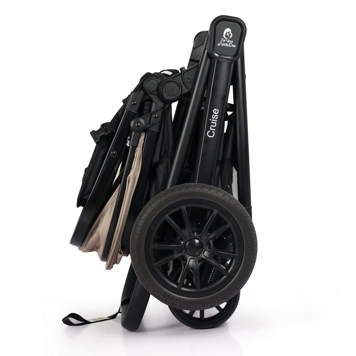 Black travel stroller with reclining seat, beige insert, and rear wheel details