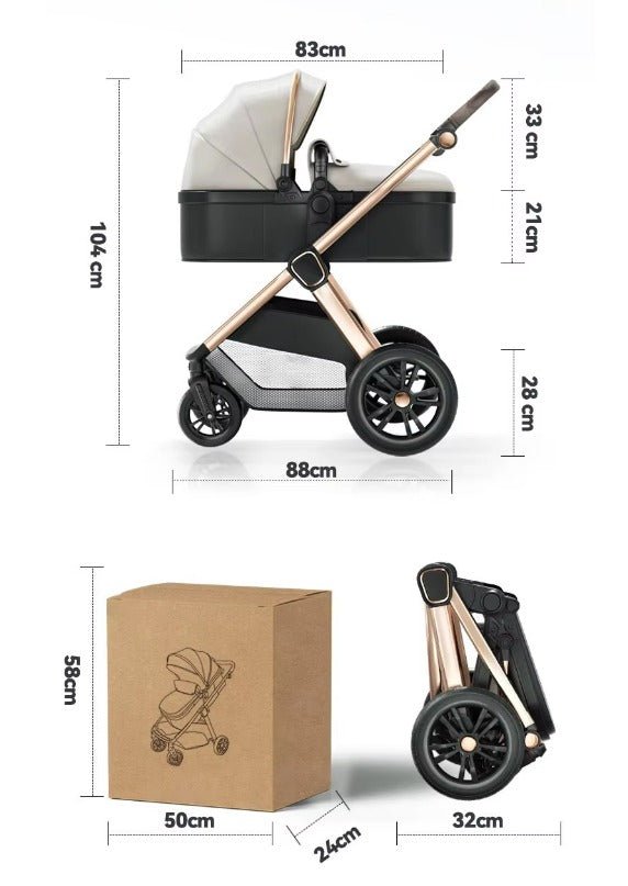 Travel system size chart showing beige stroller and black car seat dimensions