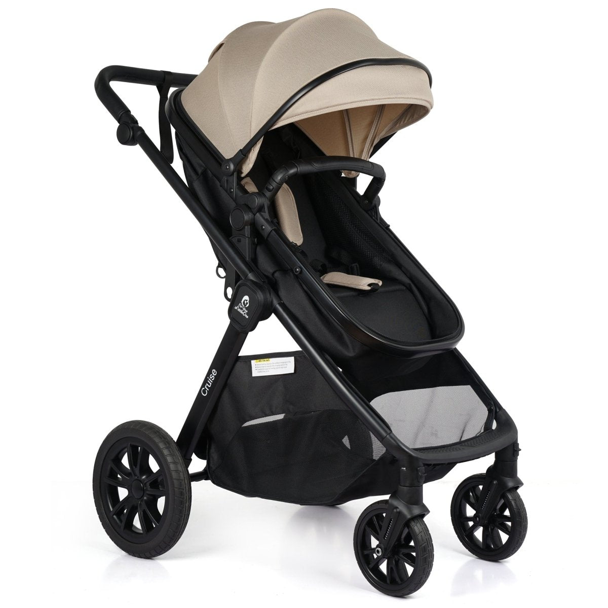 Beige and black travel stroller with canopy, front bar, and large front wheels