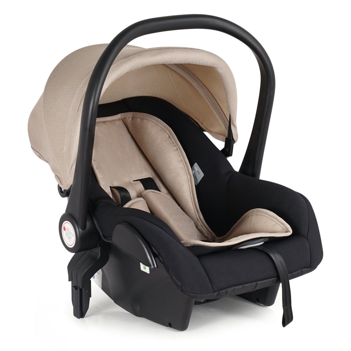 Beige infant car seat with black padding, curved handle, and side impact shell