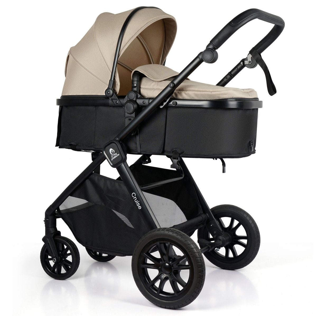Travel system stroller with beige seat and black wheels, side view