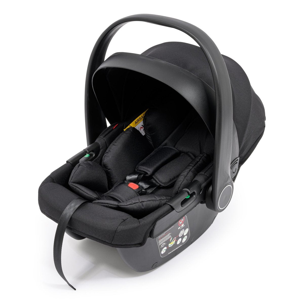 Black infant car seat with handle and front shell, front 3/4 view