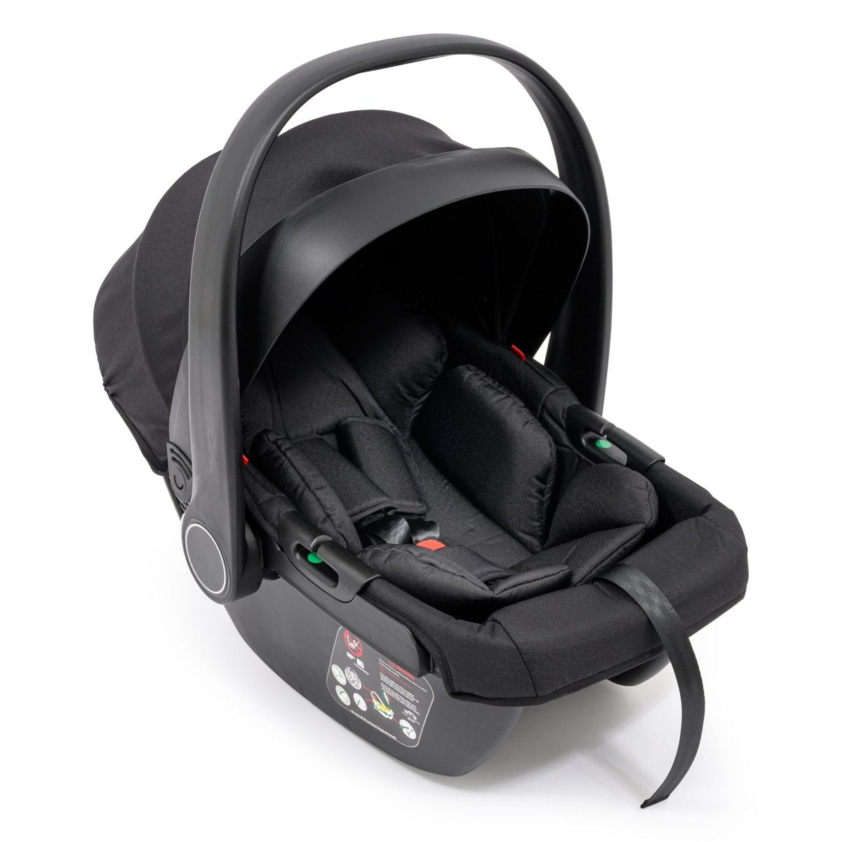 Black infant car seat with harness straps and canopy, rear 3/4 view