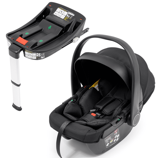 Black infant car seat with handle, shown with base on support legs