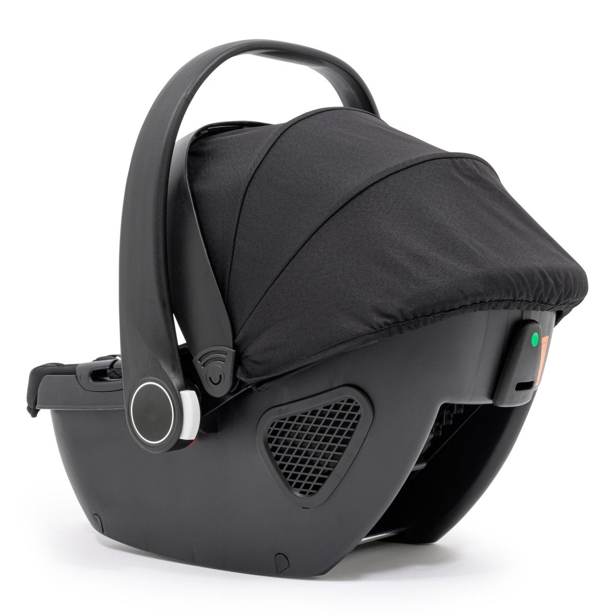 Black infant car seat shell with carry handle and vents, angled close view
