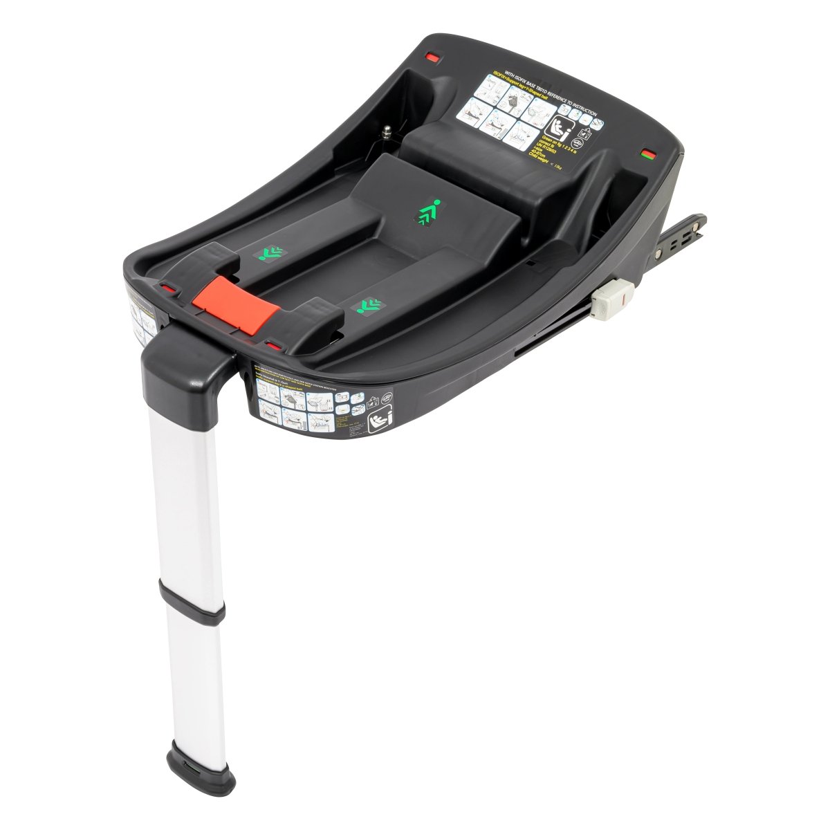Black infant car seat base with adjustable indicator inserts, top view