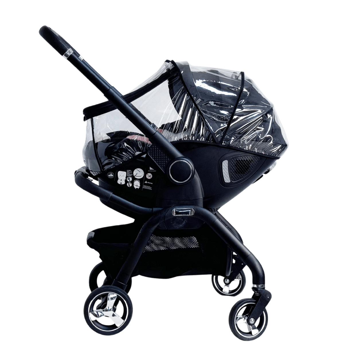 Clear rain cover for stroller with black top and side panels