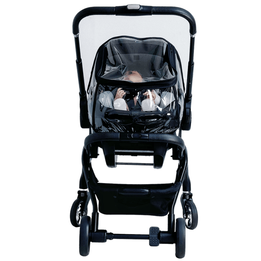 Stroller rain cover with clear front window and black edging