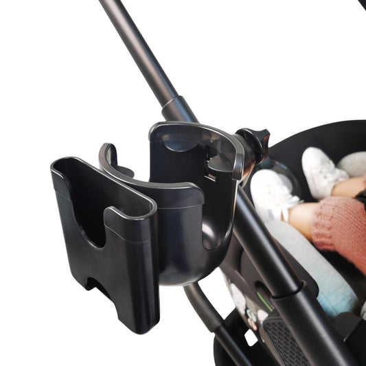 Black Qubi stroller cupholder attachment with holder slots and handle clamp