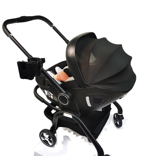 Black Qubi stroller cupholder on pushchair frame with molded cup holder