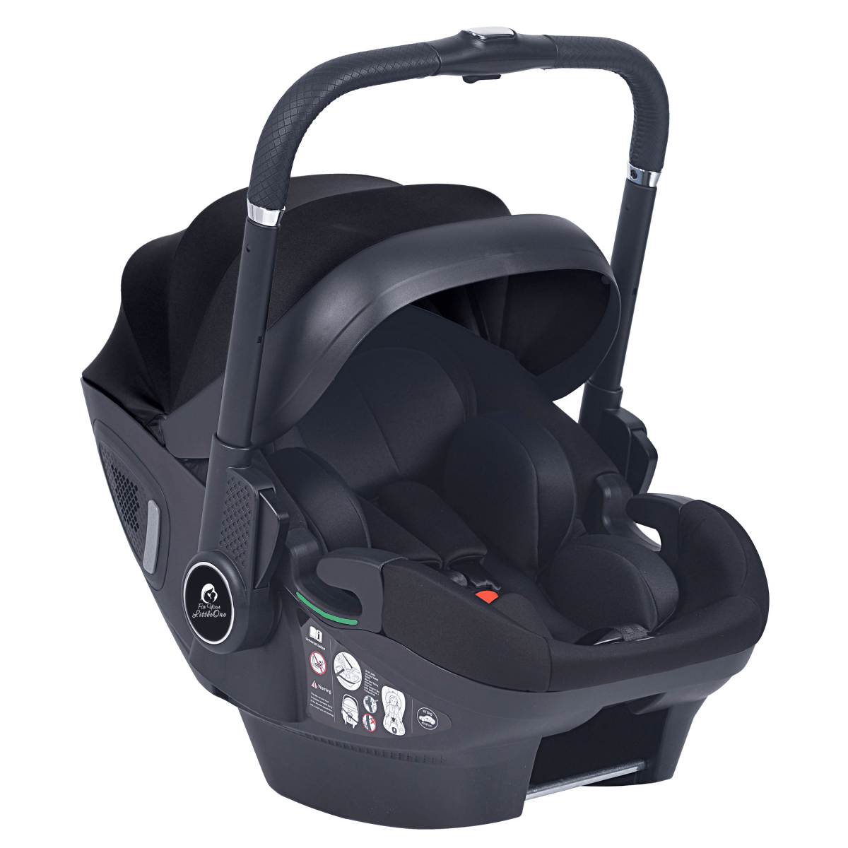Black infant car seat stroller close-up of handle and molded seat