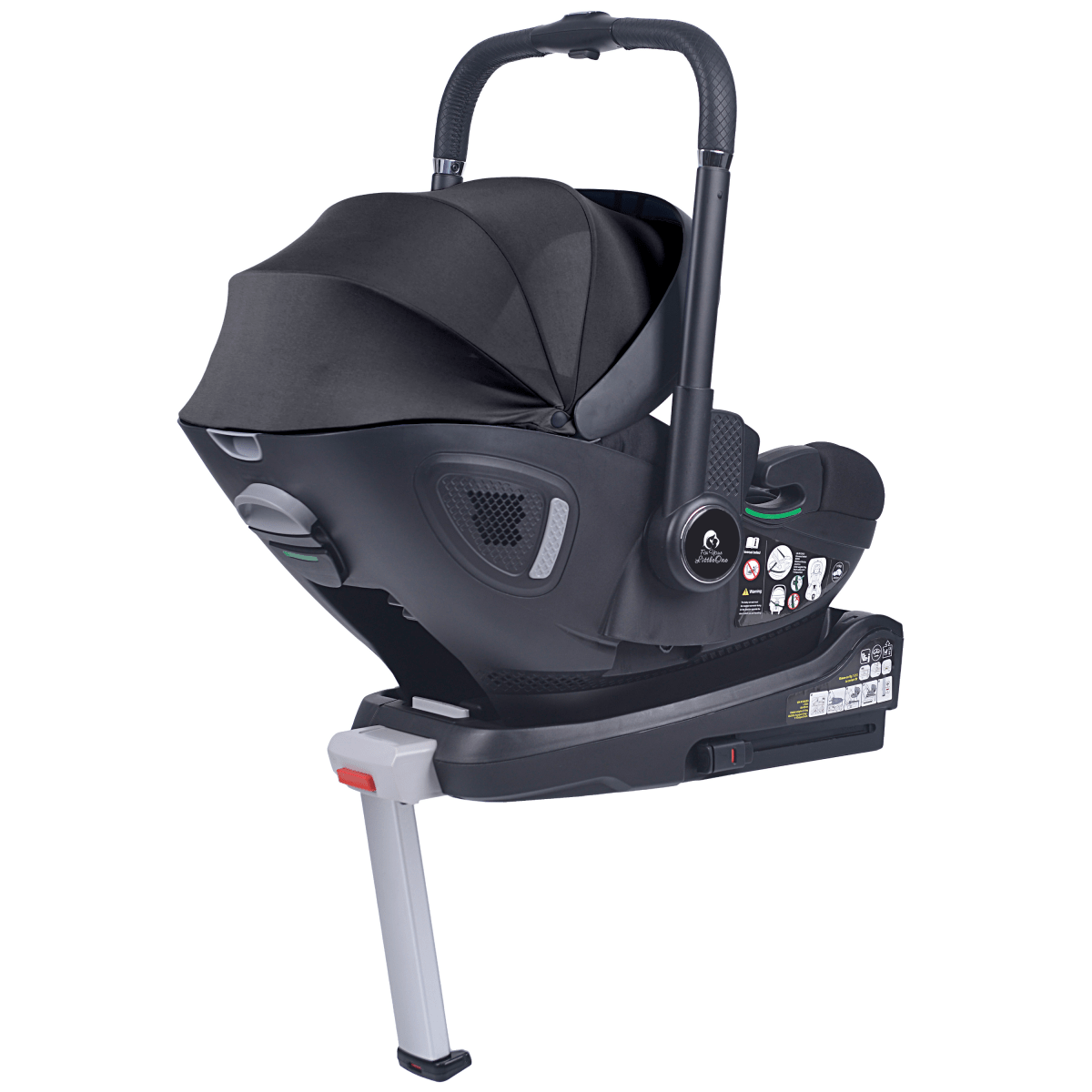 Dark black infant car seat with stroller stand legs and side impact shields