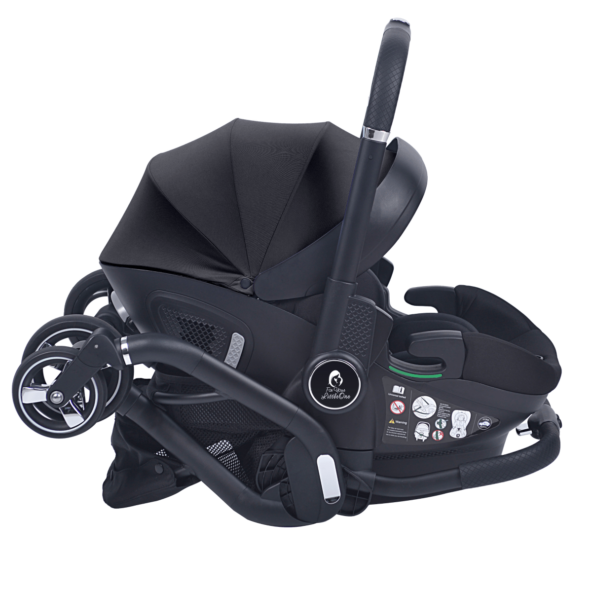 Black stroller with attached infant car seat and front wheels, side angle
