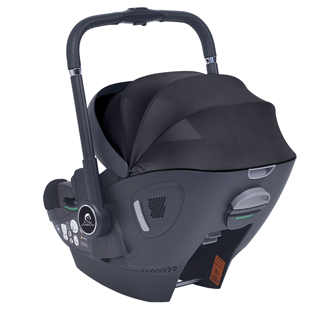 Black infant car seat stroller unit with side speaker vent and orange label