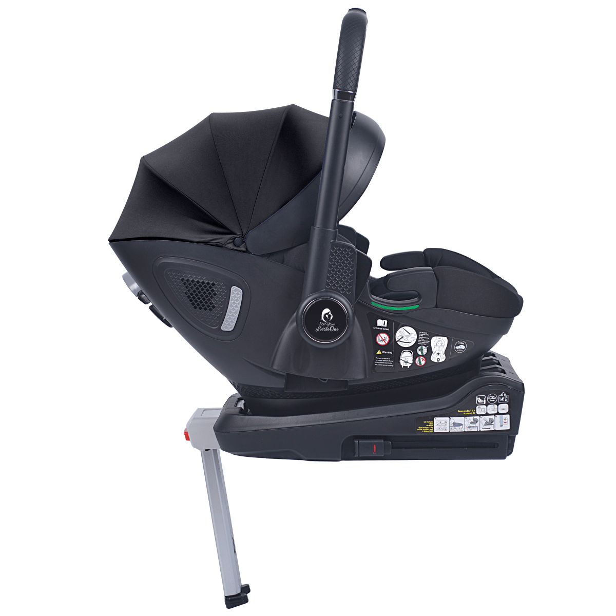 Infant car seat with stroller base and side belt guides in dark black