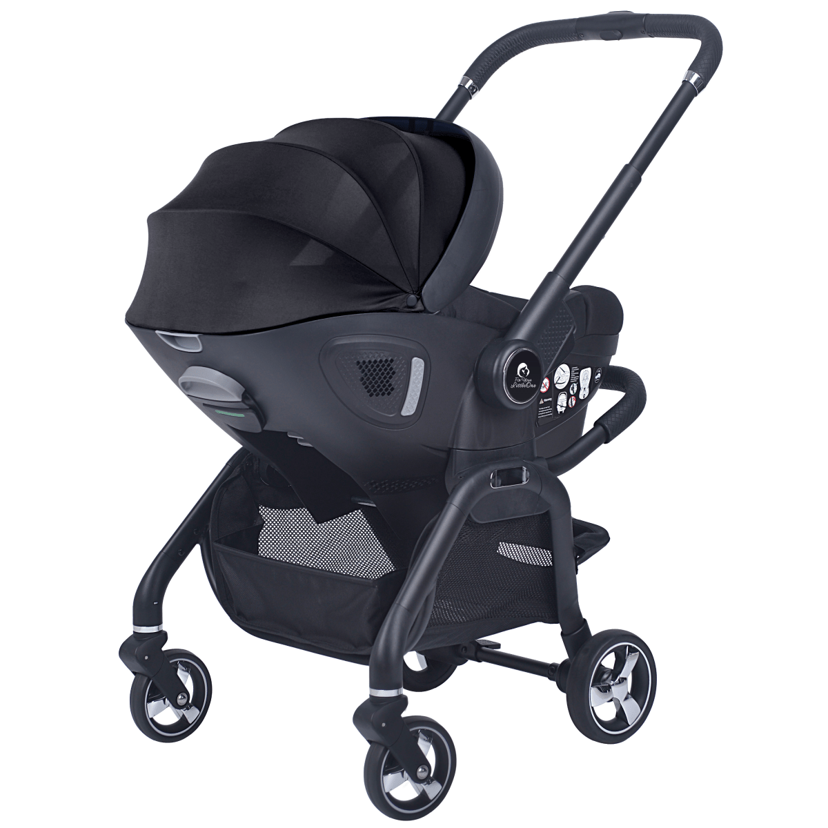 Black infant car seat stroller with canopy and multi-wheel base
