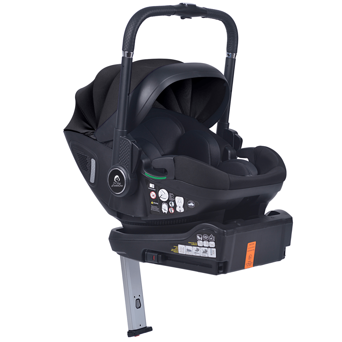 Black infant car seat with handle and base attachment, close-up view