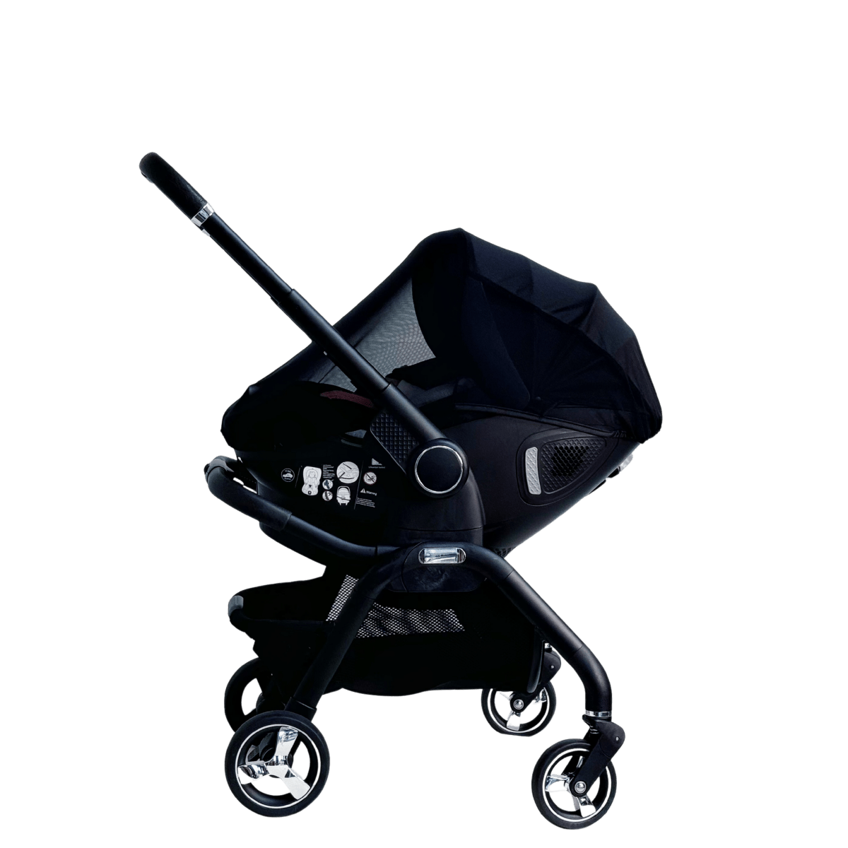 Black infant car seat stroller with canopy, handle, and 4-swivel wheel base