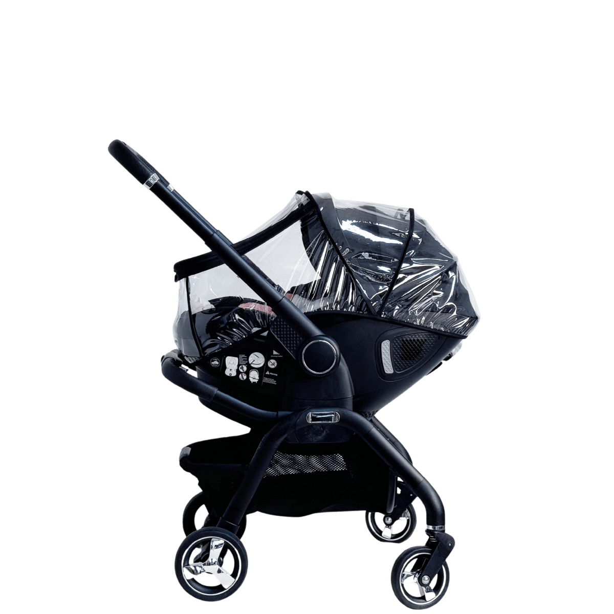 Black stroller with rain cover and mosquito net accessory over seat area
