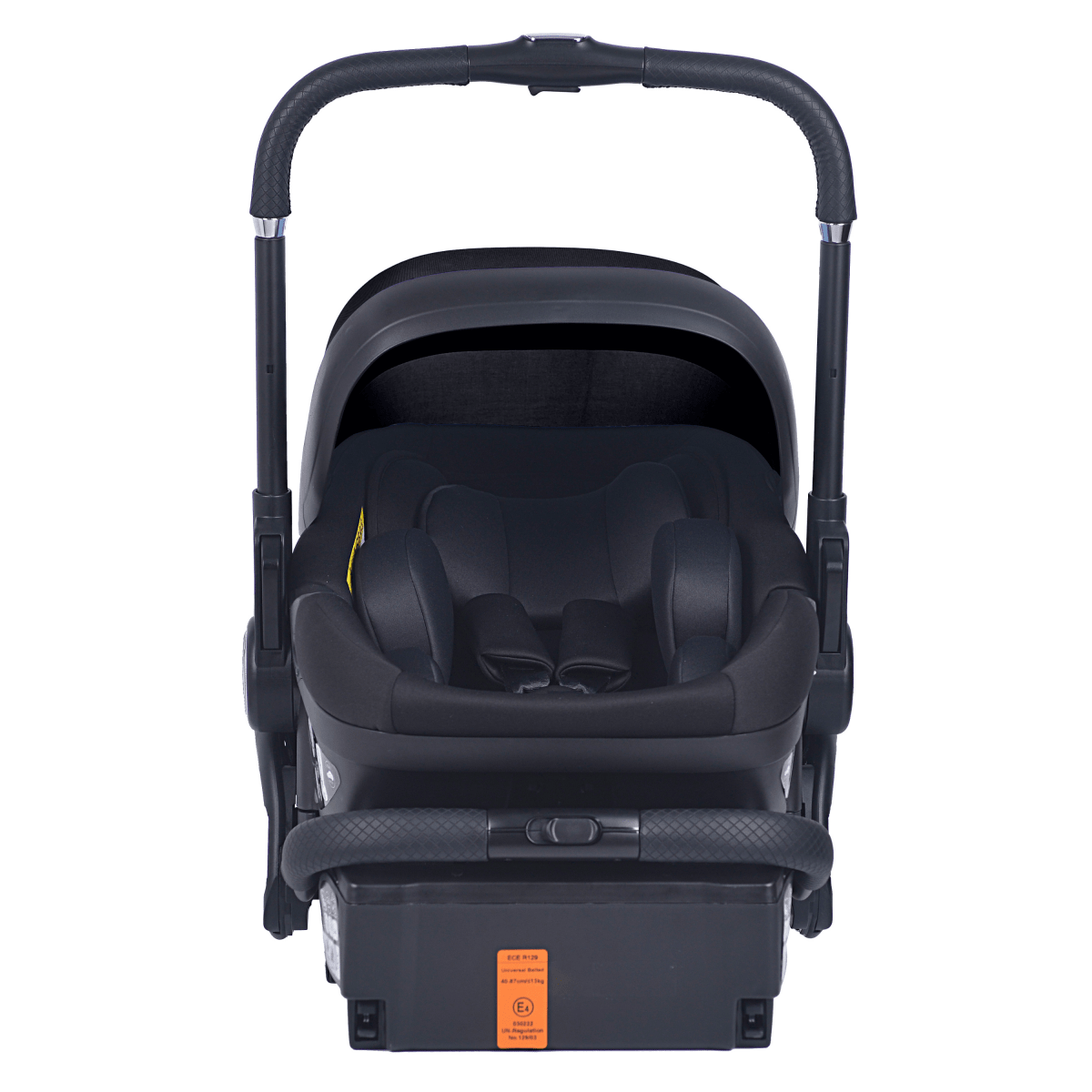 Black front-facing infant car seat with handle and rear storage panel