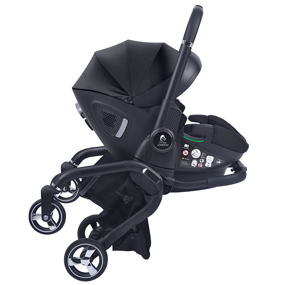 Black infant car seat stroller with front wheels and safety bar